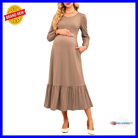 Maternity Cotton Blend Casual Dress Long Sleeve Midi with Pockets
